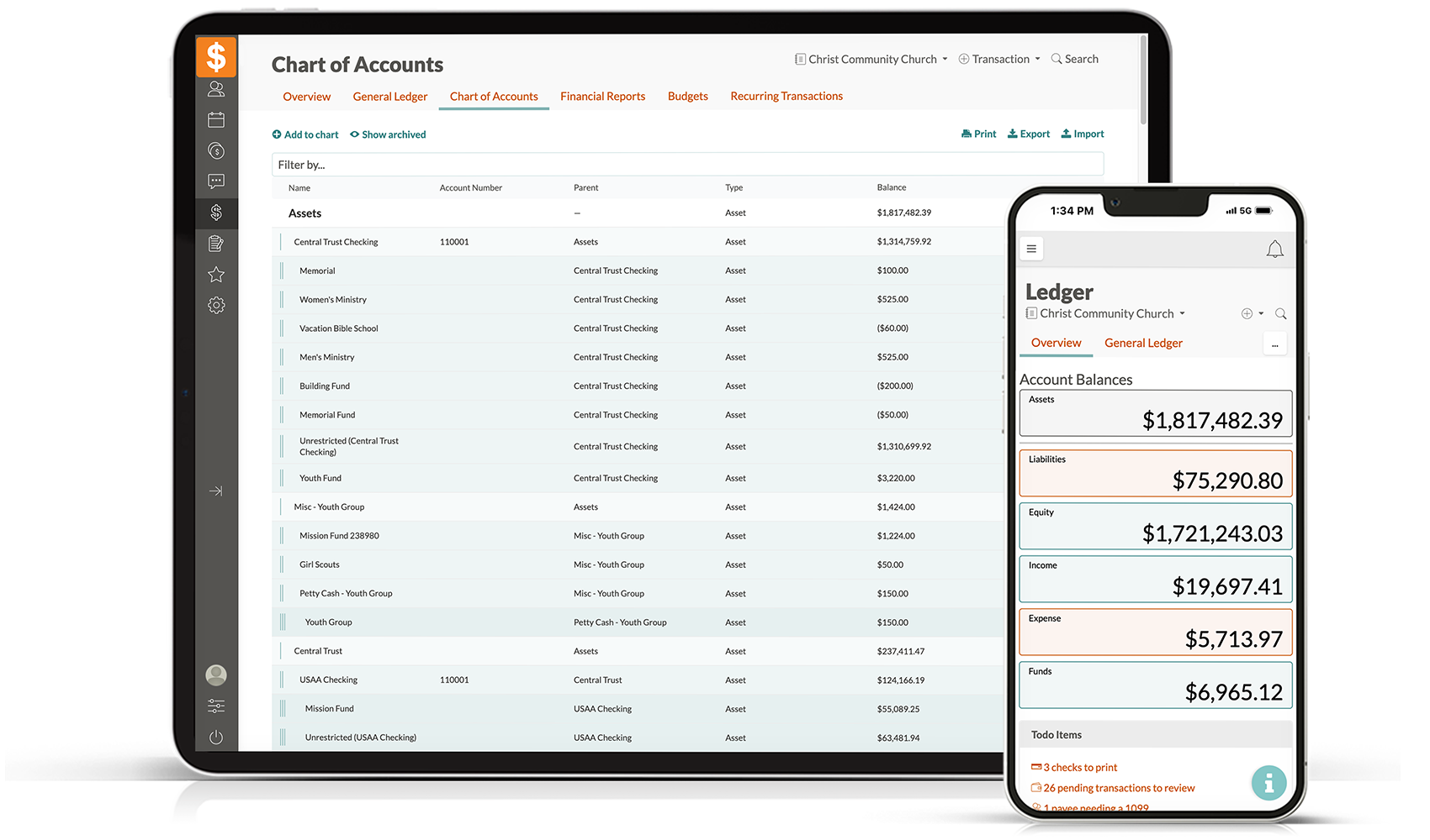 Church360° Ledger Tablet and Mobile view