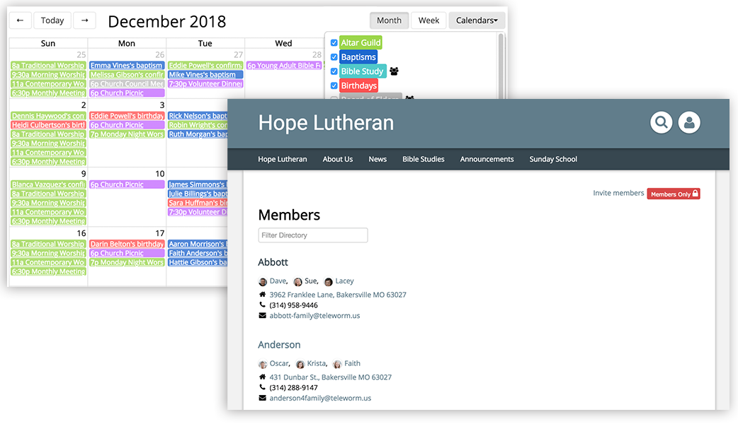 Church360 Unite Calendar and Directory Views